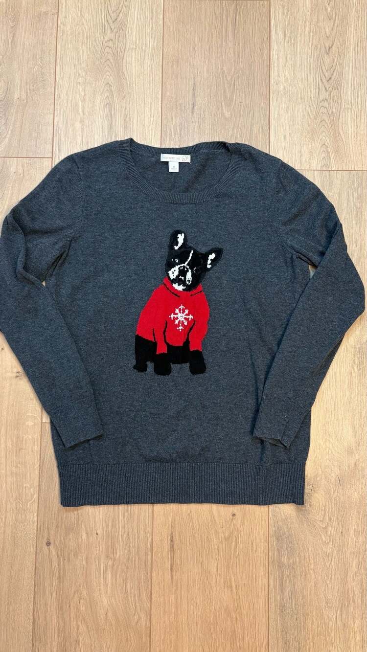 Westport 1962 Frenchie Dog Holiday Sweater Size M Gray Snowflake